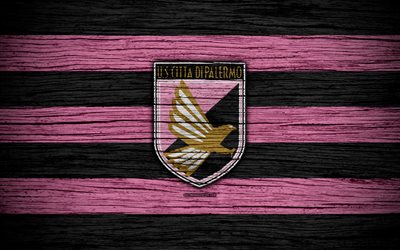 US Palermo, Serie B, 4k, football, wooden texture, black and pink lines, Italian football club, Palermo FC, logo, emblem, Palermo, Italy
