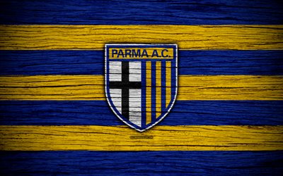 Parma Calcio 1913, Serie B, 4k, football, wooden texture, blue yellow lines, italian football club, Parma FC, logo, emblem, Parma, Italy