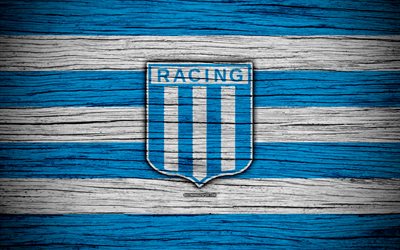 Racing, 4k, Superliga, logo, AAAJ, Argentina, soccer, Racing FC, football club, wooden texture, FC Racing