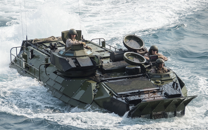 Download wallpapers Amphibious Assault Vehicle 7, AAV-7, amphibious amphibious assault vehicle, US marines, FMC Corporation, military vehicles, USA for desktop free. Pictures for desktop free