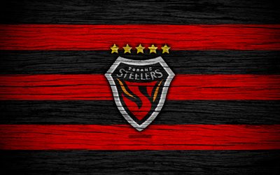 Pohang Steelers FC, 4k, K League 1, wooden texture, South Korean football club, logo, red black lines, emblem, Pohang, South Korea, football