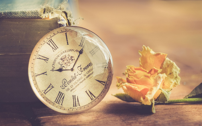 古い時計, 枯れた黄色いバラ, 時間概念, レトロスタイル, 古書