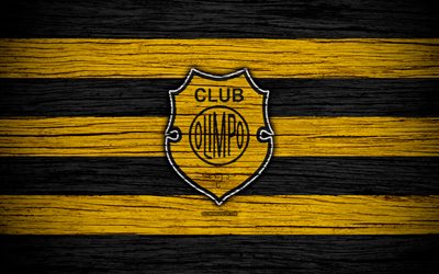 Olimpo Bahia Blanca, 4k, Superliga, logo, AAAJ, Argentina, soccer, Olimpo FC, football club, wooden texture, FC Olimpo