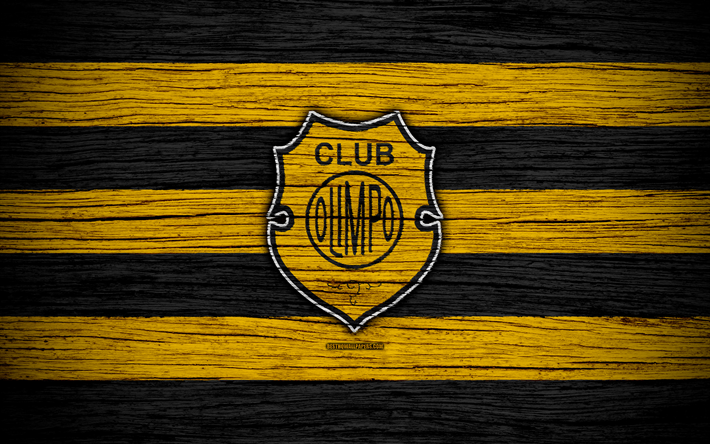 Olimpo Bahia Blanca, 4k, Superliga, logo, AAAJ, Argentina, soccer, Olimpo FC, football club, wooden texture, FC Olimpo
