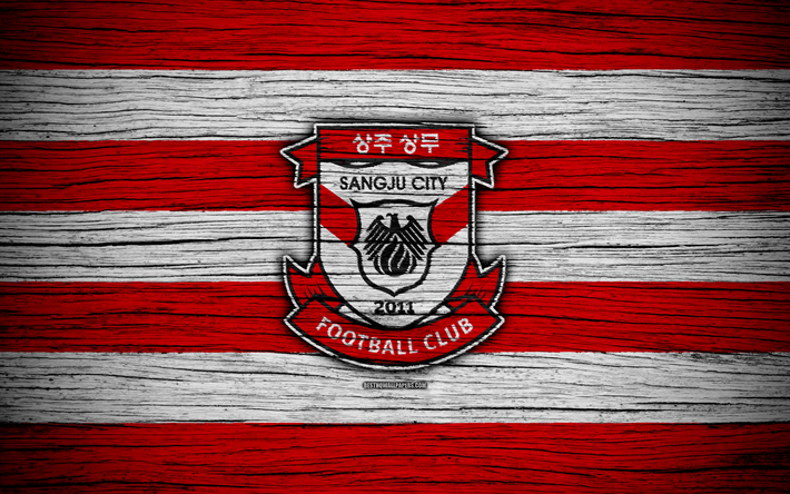 Sangju Sangmu FC, 4k, K League 1, textura de madeira, Coreia do sul futebol clube, logo, vermelho branco linhas, emblema, Sanju, Coreia Do Sul, futebol