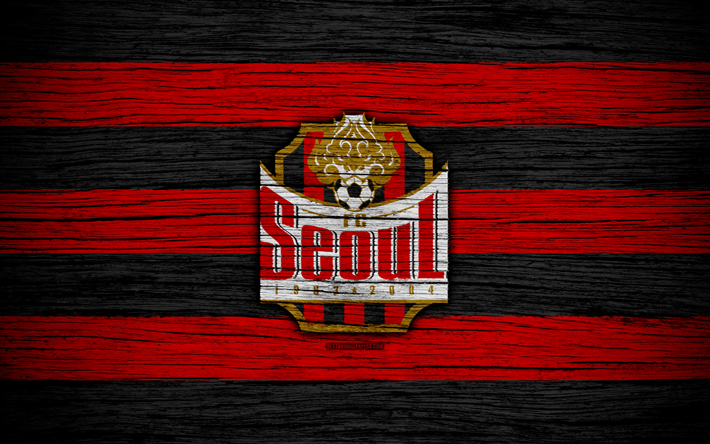 Seul FC, 4k, K 1 Lig, ahşap doku, G&#252;ney Kore Futbol Kul&#252;b&#252;, logo, kırmızı, siyah &#231;izgi, amblem, Seul, G&#252;ney Kore, futbol