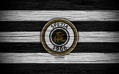 Spezia Calcio, Serie B, 4k, football, wooden texture, white black lines, Italian football club, Spezia FC, logo, emblem, Spice, Italy
