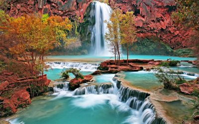 Havasu Falls, waterfalls, cliffs, american landmarks, Arizona, USA, America