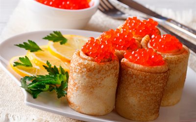 red caviar, appetizer, fish delicacies, caviar with pancakes
