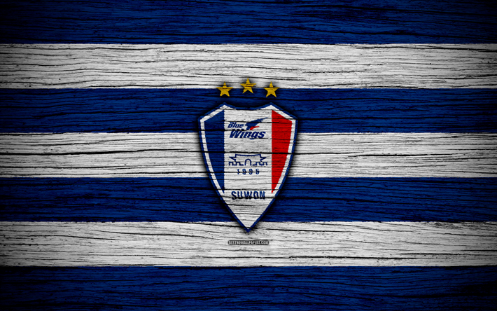 O Suwon Samsung Bluewings FC, 4k, K League 1, textura de madeira, Coreia do sul futebol clube, logo, azul linhas brancas, emblema, Suwon, Coreia Do Sul, futebol