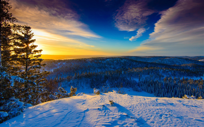 Noruega, p&#244;r do sol, inverno, montanhas, neve, Europa