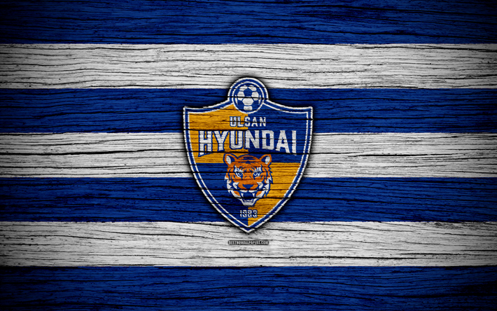 Ulsan Hyundai FC, 4k, K League 1, di legno, texture, corea del Sud football club, il logo, blu bianco righe, emblema, Ulsan, Corea del Sud, calcio
