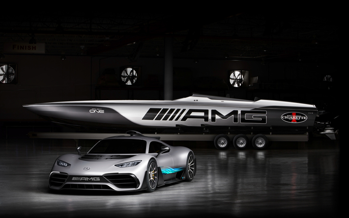 Cigarette Racing 515 Project One, Mercedes-AMG Project One, 2018, hybrid supercar, sports coupe, racing boat, 4k, Mercedes-AMG