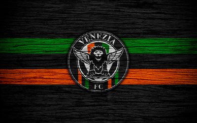 Venezia FC, Serie B, 4k, football, wooden texture, black and orange green lines, Italian football club, logo, emblem, Venice, Italy