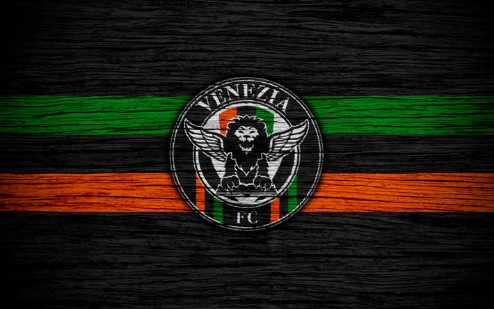 venezia fc, serie b, 4k -, fu&#223;ball -, holz-textur, schwarz und orange, gr&#252;ne linien, italienische fu&#223;ball-club, logo, emblem, venedig, italien