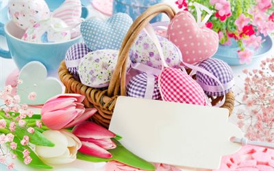 Happy Easter, 2018, basket with Easter eggs, spring, decoration, congratulation, pink tulips