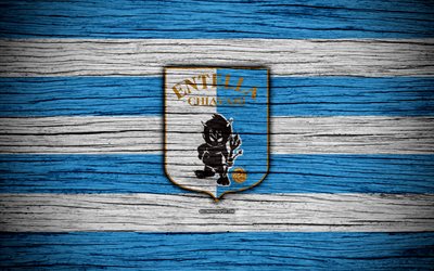 Virtus Entella FC, Serie B, 4k, de football, de bois, texture, bleu-blanc lignes, italien, club de football, logo, embl&#232;me, Chiavari, Italie