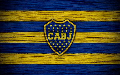 O Boca Juniors, 4k, Superliga, logo, AAAJ, Argentina, futebol, O Boca Juniors FC, clube de futebol, textura de madeira, FC Boca Juniors