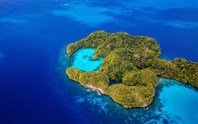 tropical island, top view, ocean, romantic places, rainforest, azure lagoon, white yacht