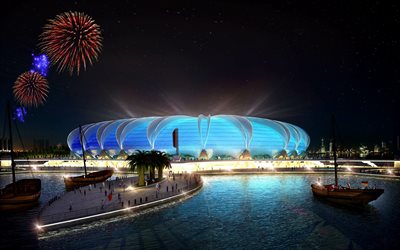 Doha Port Stadium, night, Qatar Stars League, Doha, football stadium, Ras Abu Aboud Stadium, soccer, 2022 FIFA World Cup, Qatari stadiums, Qatar