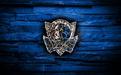 Dallas Mavericks, 4k, scorched logo, NBA, blue wooden background, american basketball team, Western Conference, grunge, basketball, Dallas Mavericks logo, fire texture, USA