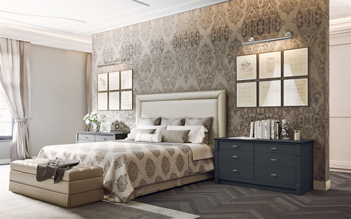 lussuoso grigio interna della camera da letto, motivi floreali sul muro, pareti grigio, interni dal design moderno, camera da letto, stile classico, interni eleganti