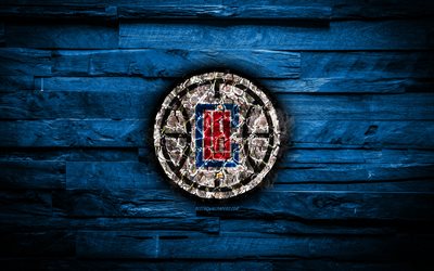Los Angeles Clippers, 4k, scorched logo, NBA, blue wooden background, american basketball team, Western Conference, grunge, LA Clippers, basketball, Los Angeles Clippers logo, fire texture, USA