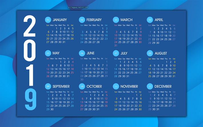 Blue 2019 calendar, creative blue background, abstract background, all months of 2019, art, 2019 calendar
