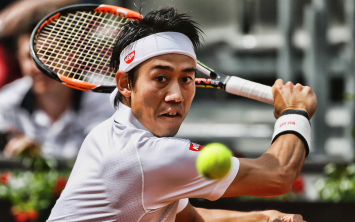 4k, Kei Nishikori, primer plano, japon&#233;s jugadores de tenis, ATP, atleta, Nishikori, pista de tenis, HDR, los jugadores de tenis