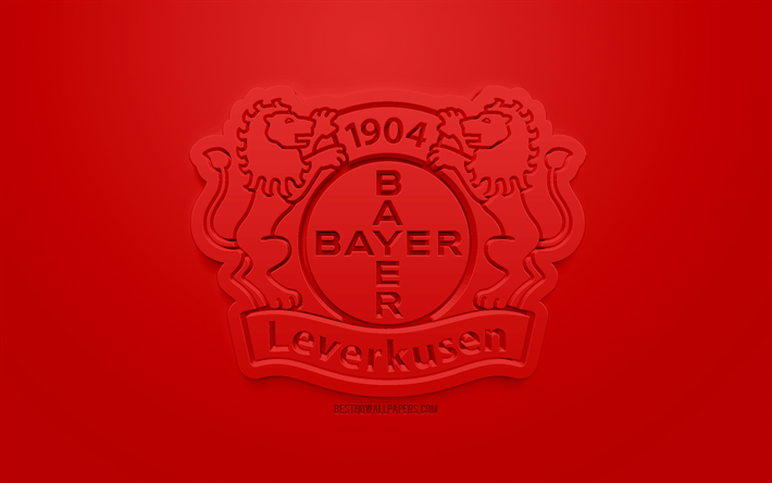 باير 04 ليفركوزن, الإبداعية شعار 3D, خلفية حمراء, 3d شعار, الألماني لكرة القدم, الدوري الالماني, ليفركوزن, ألمانيا, الفن 3d, كرة القدم, أنيقة شعار 3d