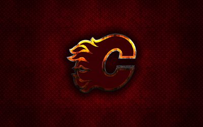Calgary Flames, Canadian hockey club, red metal texture, metal logo, emblem, NHL, Calgary, Alberta, Canada, USA, National Hockey League, creative art, hockey