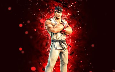 Ryu, 4k, red neon lights, Fortnite Battle Royale, Fortnite characters, Ryu Skin, Fortnite, Ryu Fortnite