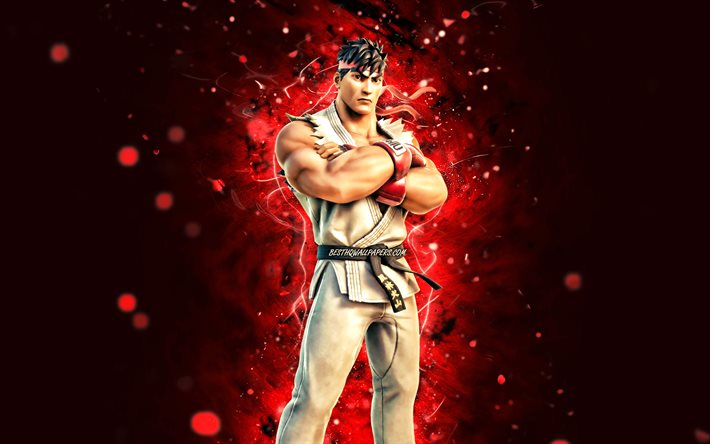 Ryu, 4k, luzes vermelhas de neon, Fortnite Battle Royale, personagens de Fortnite, Ryu Skin, Fortnite, Ryu Fortnite