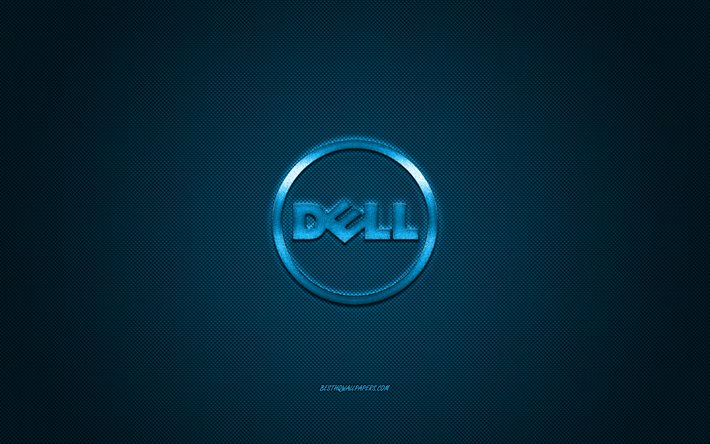 Dell round logo, blue carbon background, Dell blue metal logo, Dell blue emblem, Dell, blue carbon texture, Dell logo