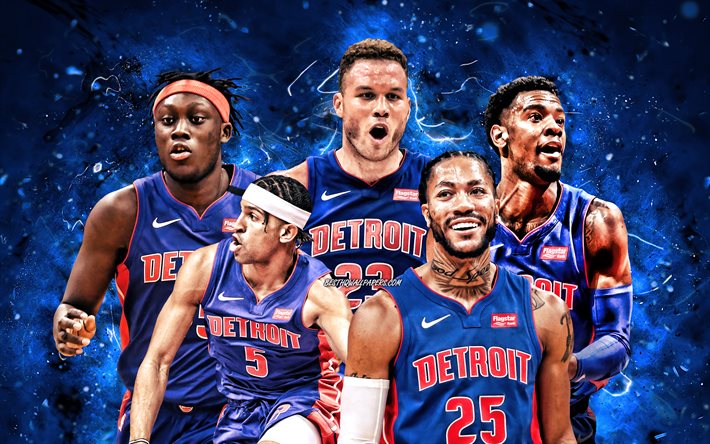 Derrick Rose, Blake Griffin, Frank Jackson, Sekou Doumbouya, Josh Jackson, 4k, Detroit Pistons, basketbol, NBA, Detroit Pistons takımı, mavi neon ışıklar, basketbol yıldızları