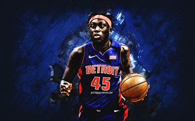 Sekou Doumbouya, Detroit Pistons, NBA, French basketball player, blue stone background, USA, basketball