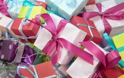 scatole regalo, sfondo regali, scatole regalo diverse, fiocchi di seta