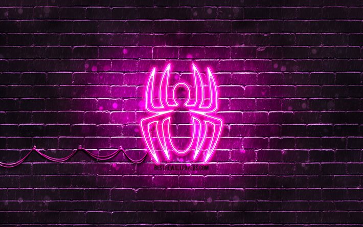 Logotipo roxo do Homem-Aranha, 4k, parede de tijolos roxa, logotipo do Homem-Aranha, Homem-Aranha, super-her&#243;is, logotipo de n&#233;on do Homem-Aranha
