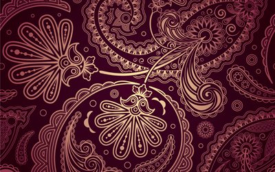 Texture pourpre Paisley, 4k, ornements d&#39;or Paisley, fond violet Paisley, motif Paisley violet, texture Paisley