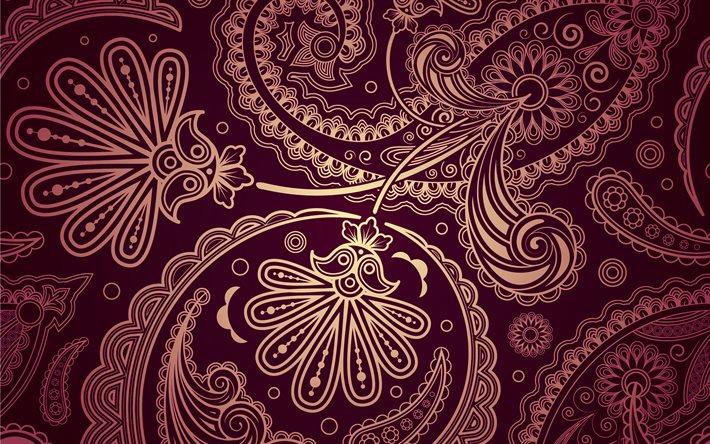 Texture pourpre Paisley, 4k, ornements d&#39;or Paisley, fond violet Paisley, motif Paisley violet, texture Paisley