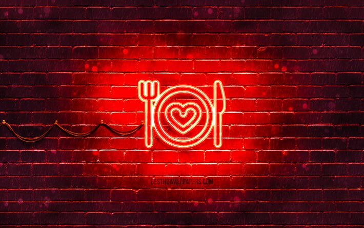 Icona di amore cibo al neon, 4k, sfondo rosso, simboli al neon, amore cibo, creativo, icone al neon, segno di amore cibo, segni di cibo, icona di amore cibo, icone di cibo