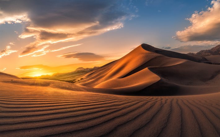d&#233;sert, coucher de soleil, dunes de sable, sable, Afrique, Sahara, paysage d&#233;sertique