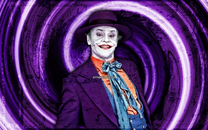 4k, Jokeri, violetti grunge-tausta, supervillain, py&#246;rre, kuvitus, Joker 4K