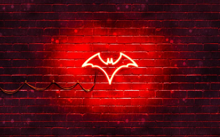 バットウーマンの赤いロゴ, 4k, 赤レンガの壁, バットウーマンのロゴ, スーパーヒーロー, バットウーマンネオンロゴ, DCコミック。, バットウーマン