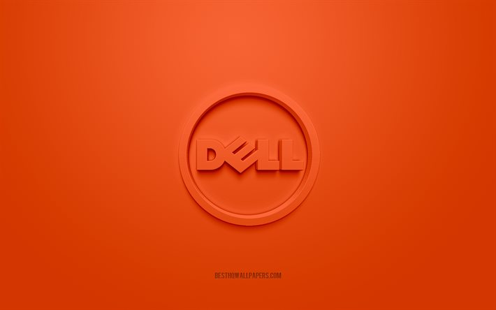 デルの丸いロゴ, オレンジ色の背景, デルの3Dロゴ, 3Dアート, デル, ブランドロゴ, デルのロゴ, オレンジ色の3DDellロゴ