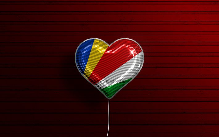 Rakastan Seychellej&#228;, 4k, realistiset ilmapallot, punainen puinen tausta, Afrikan maat, Seychellien lipun syd&#228;n, suosikki maat, Seychellien lippu, ilmapallo lipulla, Seychellit, Love Seychellit