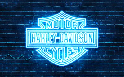 Harley-Davidson blue  logo, 4k, blue brickwall, Harley-Davidson logo, motorcyles brands, Harley-Davidson neon logo, Harley-Davidson