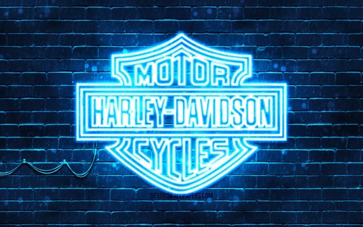 Harley-Davidson-bl&#229; logotyp, 4k, bl&#229; brickwall, Harley-Davidson-logotyp, motorcykelm&#228;rken, Harley-Davidson-neonlogotyp, Harley-Davidson
