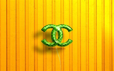 Chanel 3D logo, 4K, green realistic balloons, yellow wooden backgrounds, fashion brands, Chanel logo, Chanel