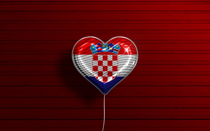 クロアチアが大好き, 4k, リアルな風船, 赤い木の背景, クロアチアの旗のハート, ヨーロッパ, 好きな国, クロアチアの旗, フラグ付きバルーン, クロアチア